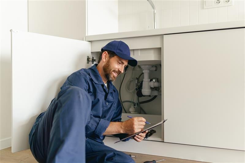 Residential plumber reviewing plumbing repairs in a Smyrna kitchen