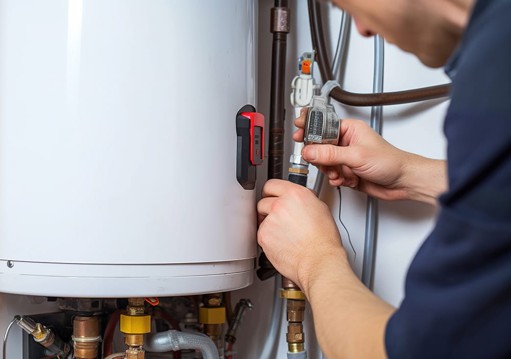 Technician repairing pipes connected to a water heater in Smyrna